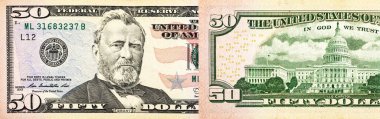 50 dollar bill, two sides background, banner photo. USA money, American cash