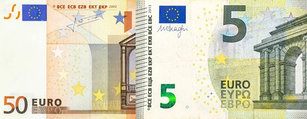 Euro Banknotes Five Fifty Denomination Photo Macro View Paper Money — Stockfoto