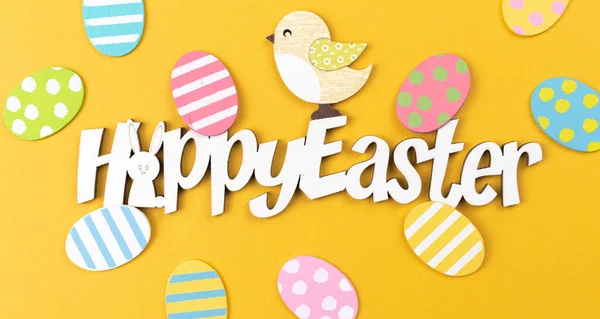 Happy Easter Greeting Card Concept Text Decorations Spring Holiday Yellow — Zdjęcie stockowe
