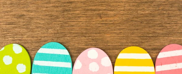 Colorful Easter Eggs Banner Bottom Border Old Rustic Wood Background — Photo