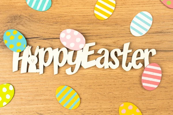 Feliz Pascua Texto Celebración Palabras Con Huevos Pascua Sobre Fondo — Foto de Stock