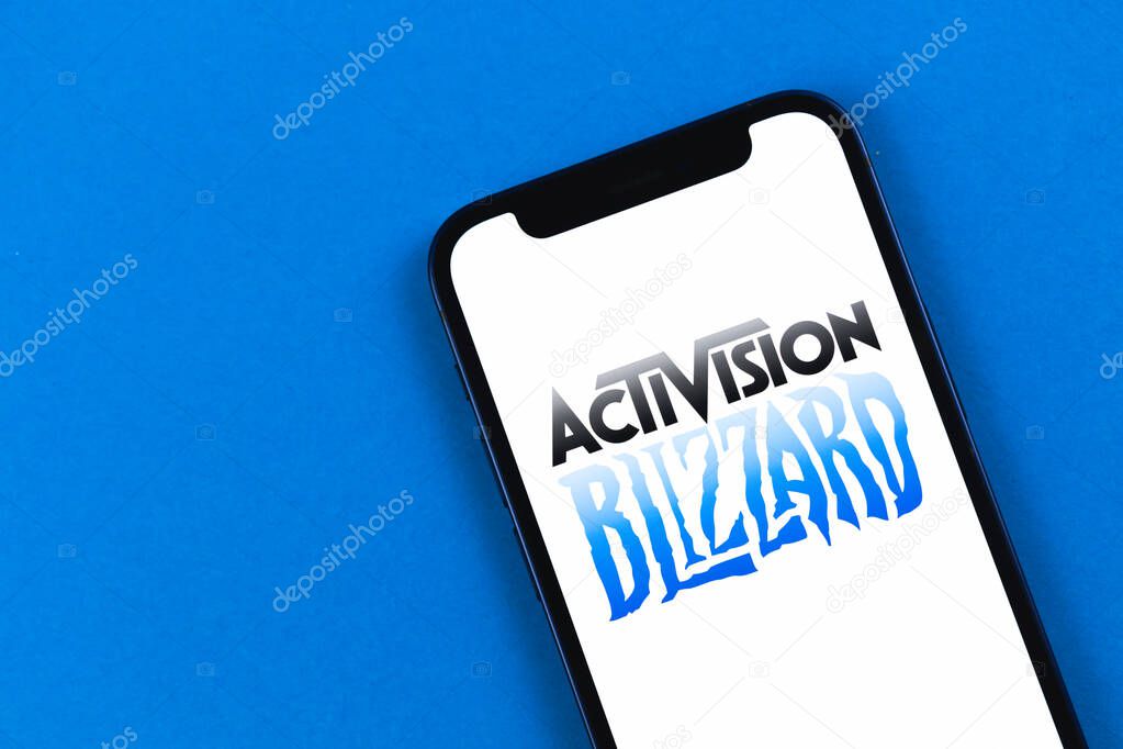 Kharkov, Ukraine - January 19, 2021: Activision Blizzard logo closeup. Business video game company