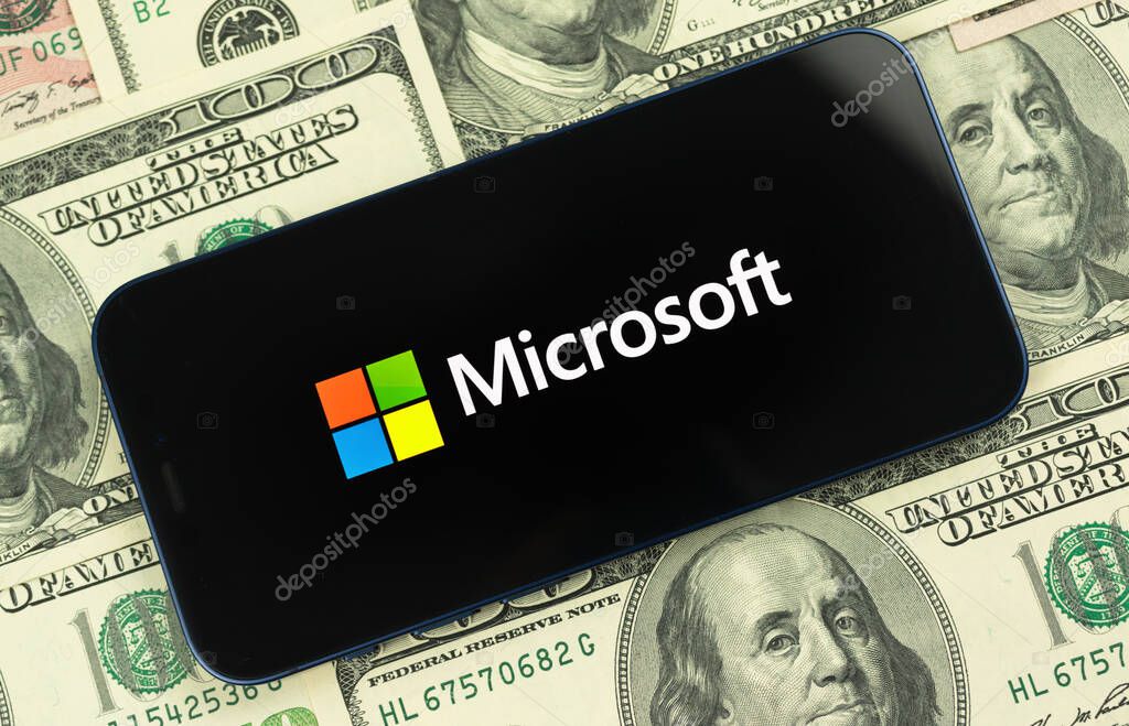Kharkov, Ukraine - January 19, 2021: Mobile phone with microsoft company logo. Business, stock trade concept