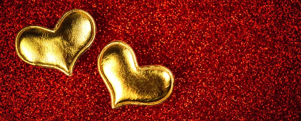 Két Szív Valentin Napra Transzparens Fénymásoló Hellyel Piros Csillogó Bokeh — Stock Fotó