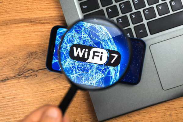 Wi-Fi 7 поколения фон, иконка крупным планом. Смартфон с поддержкой новых Wi-Fi технологий для связи, бизнеса