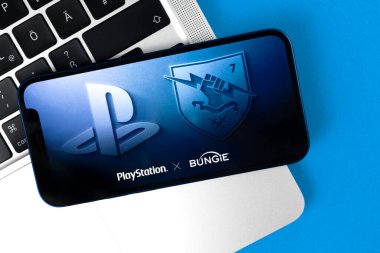 Kharkov, Ukraine - January 31, 2021: Sony and Bungie logos. Sony buying Bungie video game studio. Web news background design photo clipart