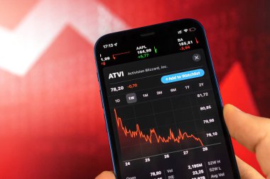 Kharkov, Ukrayna - 28 Ocak 2021: Kırmızı borsa arkaplanındaki Activision logosu. İş dünyası konsepti fotoğrafı