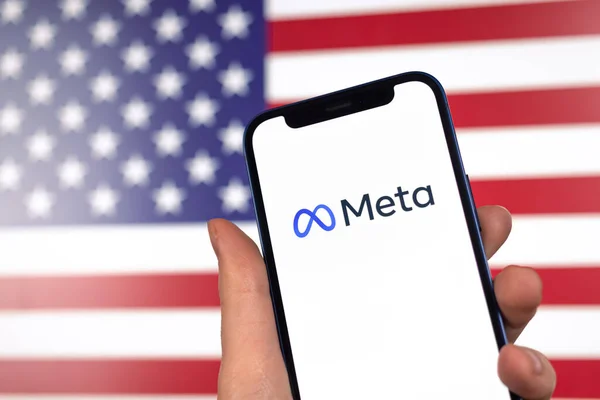 Meta Logo American Flag Background Facebook Metaverse Usa Hand Mobile — Stock Photo, Image