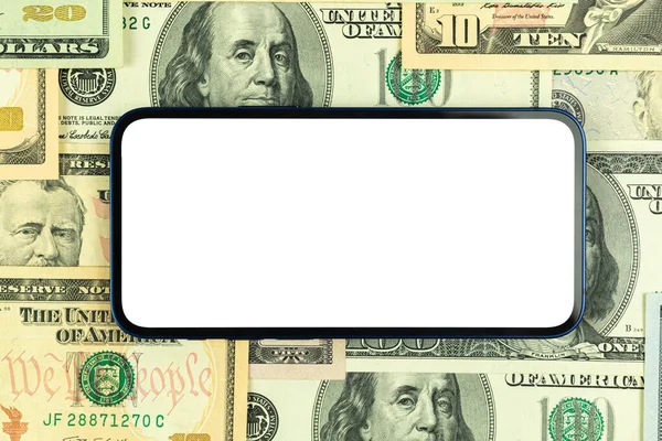 Business Smartphone Horizontally Mockup Office Desktop Money Dollar Bills Background — Stock Photo, Image
