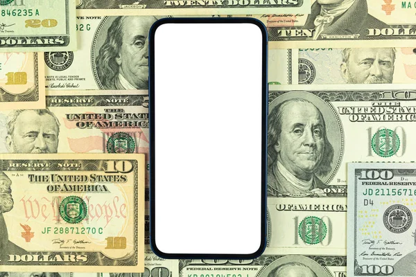 Business Smartphone Mockup Office Desktop Money Dollar Bills Background Top — Stock Photo, Image