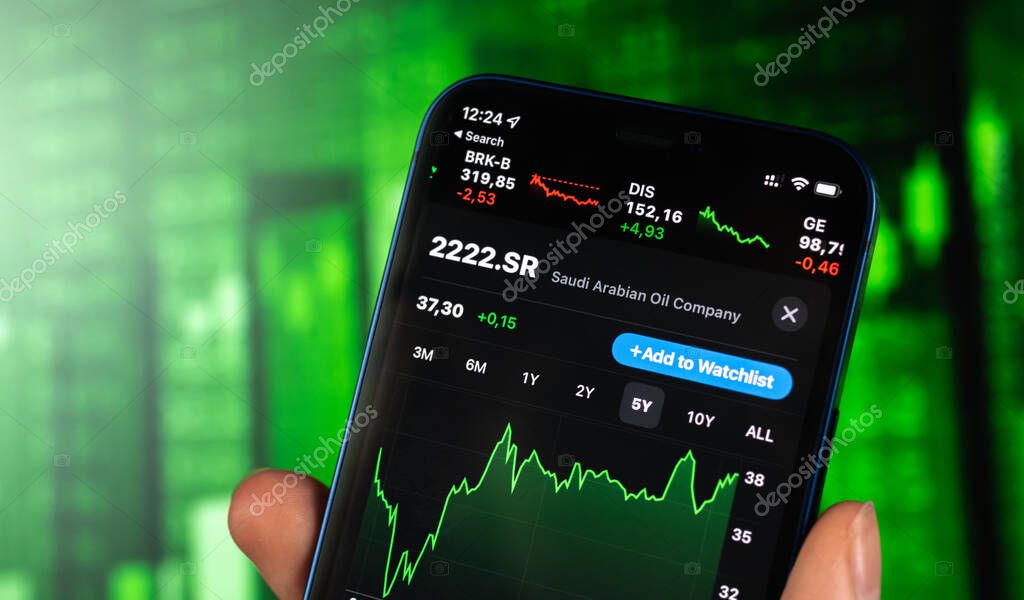 Kharkov, Ukraine - February 11, 2022: Saudi Aramco stock trade on green chart. Arabian oil company, gas industry. Finance market background