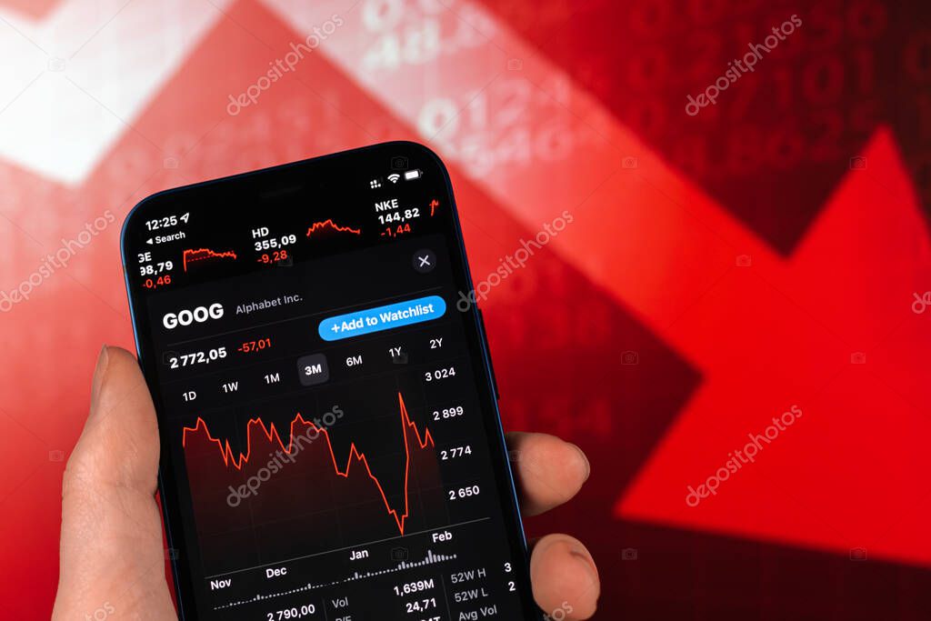Kharkov, Ukraine - February 11, 2022: Saudi Aramco stock trade on red chart. Arabian oil company, gas industry. Finance market background