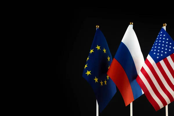 Russia Europe Union Usa Flag Black Background Crisis Sanctions Concept — Stock Photo, Image