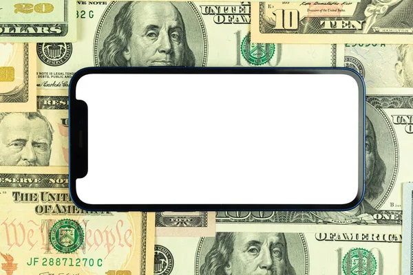 Flat lay Apple iPhone horizontally screen mockup, business office desktop with money and dollar bills background. Top view, copy space photo — Stock Photo, Image