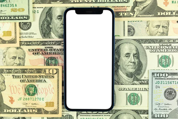 Flat lay Apple iPhone mockup, desktop de escritório de negócios com dinheiro e notas de dólar de fundo. Vista superior, cópia espaço foto — Fotografia de Stock