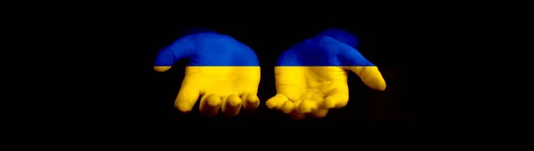 Stop War Ukraine Flags Young Hands Banner Black Background Peace — Stock Photo, Image