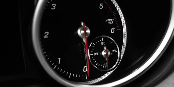 Car Tachometer Glowing Red Indicators Closeup View Luxury Dashboard Sport — Stock Photo, Image