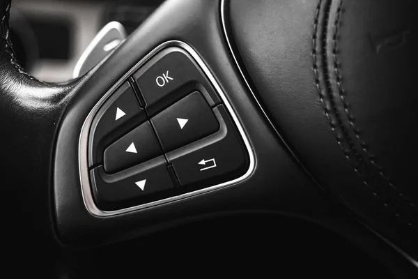 Botón Control Del Volante Interior Del Coche Lujo Con Interior — Foto de Stock