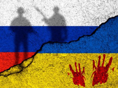 Ukrayna 'daki savaşı durdurun. Rus istilası, sivillere karşı kanlı suç. Beton duvarda taşra bayrakları. İnsanların arka plan fotoğraflarına yardım et