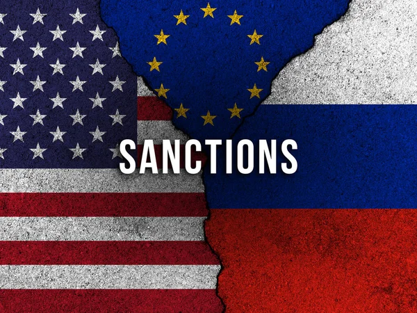 Eua Sanções Contra Rússia Bandeiras Fundo Parede Rachada Conceito Conflito — Fotografia de Stock