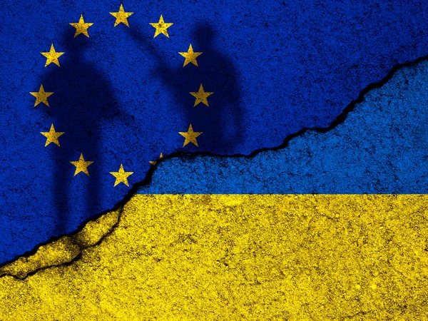Banderas Unión Europea Ucrania Apoyo Militar Ayuda Guerra Conflicto Concepto — Foto de Stock