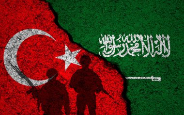 Türkiye ve Suudi Arabistan 'ın bayrakları. Çatlak duvar. Askeri çatışma ve savaş kavramı 