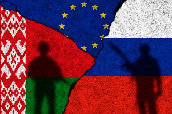 Sancties Tegen Rusland Belarus Conflict Oekraïne Concept Achtergrond Met Vlaggen — Stockfoto