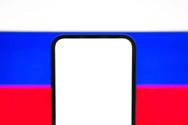 Половина Екрану Мобільного Язку Висміюється Російському Тлі Прапора Mockup Text — стокове фото