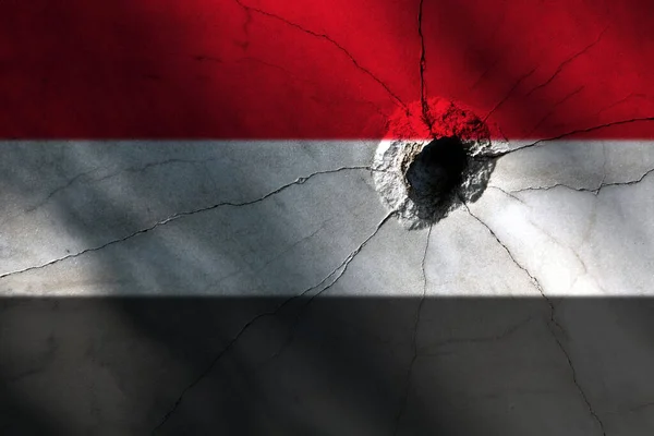 Yemen Flag Big Crack Bullet Hole Military Conflict War Country — Stock Photo, Image