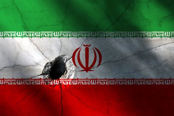 Iran Flag Big Crack Bullet Hole Military Conflict War Country — Stock Photo, Image