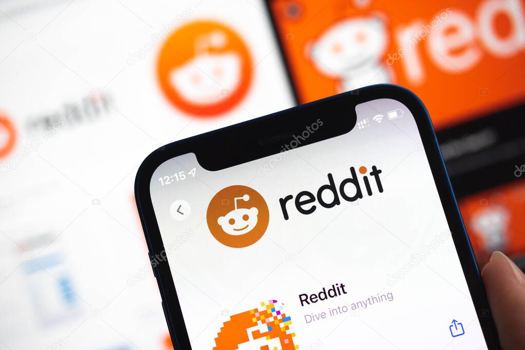 Poltava, Ukraine - April 5, 2022: Reddit logo displayed on a smartphone device close-up view