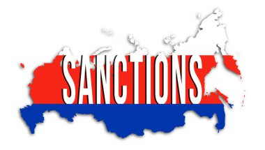 Rus yaptırımları konsepti. Ulusal bayrak renkleri ve metin içindeki ülke silueti, resimleme resmi