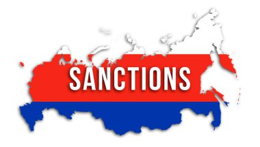 Savaşı durdurun. Rus yaptırımları konsepti. Ulusal bayrak renkleri ve metin içindeki ülke silueti, resimleme resmi 