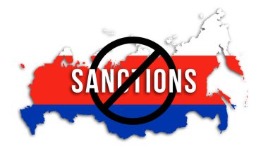 Savaşı durdurun. Rus yaptırımları konsepti. Ulusal bayrak renkleri ve metin içindeki ülke silueti, resimleme resmi