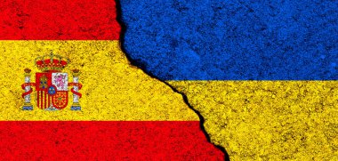 Ukrayna ve İspanya bayrakları. Destek ve yardım, silah ve askeri teçhizat, ortaklık ve diplomasi, insani yardım ve Ukraynalı mülteciler konseptine yapılan bağışlar