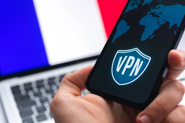 Vpn Frankreich Sicheres Und Sicheres Internetkonzept Datenschutz Hand Mit Handy — Stockfoto