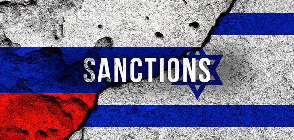 Rusya ve İsrail yaptırımları. Ulusal bayraklar ve metin. Ambargo, varsayılan kavram