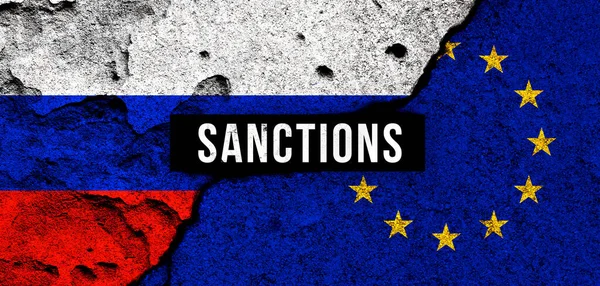 Rusya ve Avrupa Birliği yaptırımları. Ulusal bayraklar ve metin. Ambargo, varsayılan kavram 