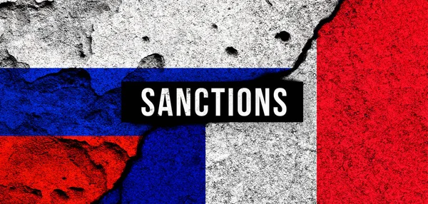 Ryssland Och Frankrike Sanktioner Nationella Flaggor Bakgrund Med Text Embargo — Stockfoto