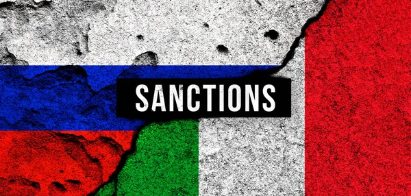 Ryssland Och Italien Sanktioner Nationella Flaggor Bakgrund Med Text Embargo — Stockfoto