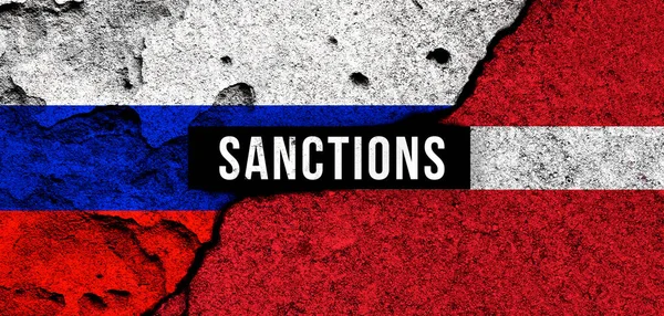 Sankcje Dla Rosji Łotwy Flagi Narodowe Tło Tekstem Embargo Domyślna — Zdjęcie stockowe