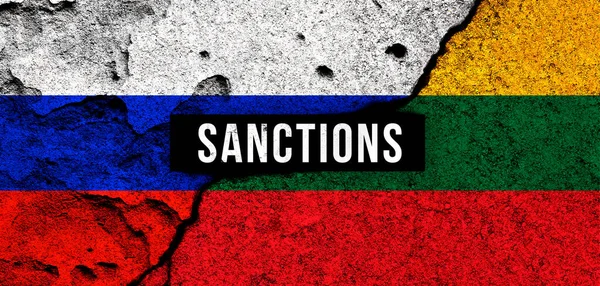 Rússia Lituânia Sanções Bandeiras Nacionais Fundo Com Texto Embargo Conceito — Fotografia de Stock