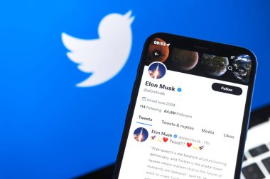 Elon Musk ve Twitter logosu. Büyük sosyal medya platformu konsepti satmak