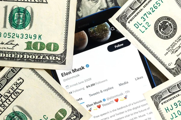 Elon Musk Twitter Account Geld Achtergrond Bedrijfs Voorraadconcept Stockfoto