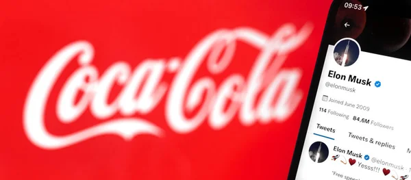 Banner Elon Musk Acquisto Coca Cola Logo Sullo Sfondo Vendere — Foto Stock