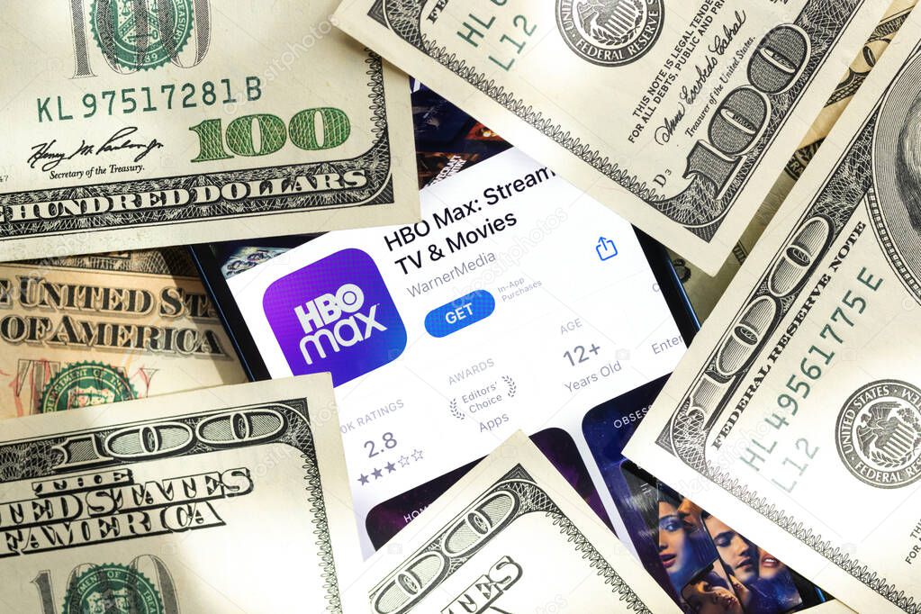 Poltava, Ukraine - April 28, 2022: HBO Max app, TV streaming application icon close-up on mobile phone, business background