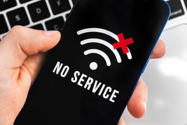 Mobile phone with no service screen. Communication, cellular problem, bad connection concept