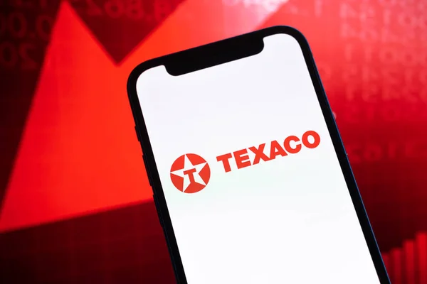 Texaco Oil Prices Logo Close Collapse Petroleum Crisis Red Arrow — Stock Photo, Image