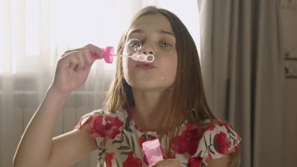 Smiling Child Having Fun Living Room Blowing Soap Bubbles Happy — Stock Video