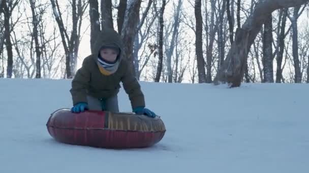 Leende Barn Leker Med Snö Utomhus Pojke Kul Vinterparken Med — Stockvideo